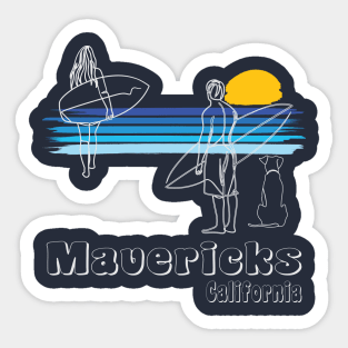 Mavericks California surf guy and girl with dog surfing line art Sticker